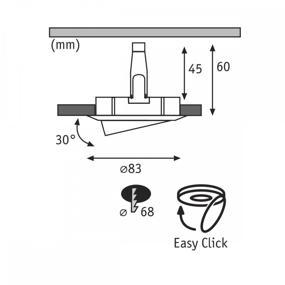 Diagramm einer Einbauleuchte, einschließlich Abmessungen und Easy Click Symbol.