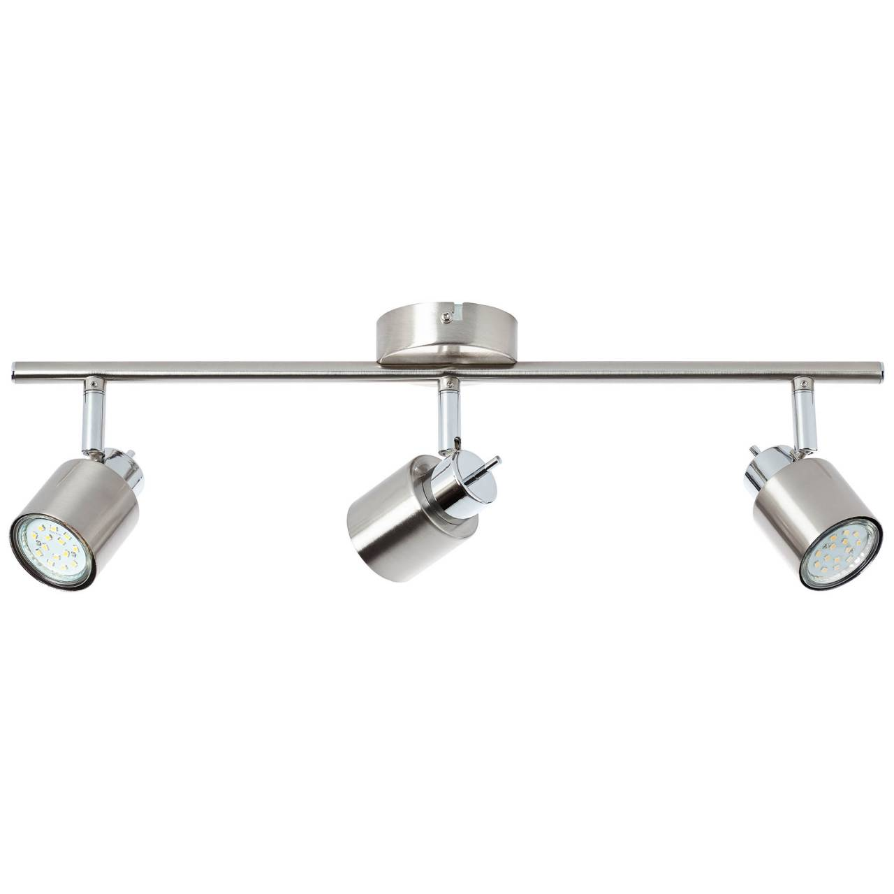 Gebürsteter Nickel-Deckenstrahler mit drei verstellbaren Spots, jeder mit LED-Leuchten.