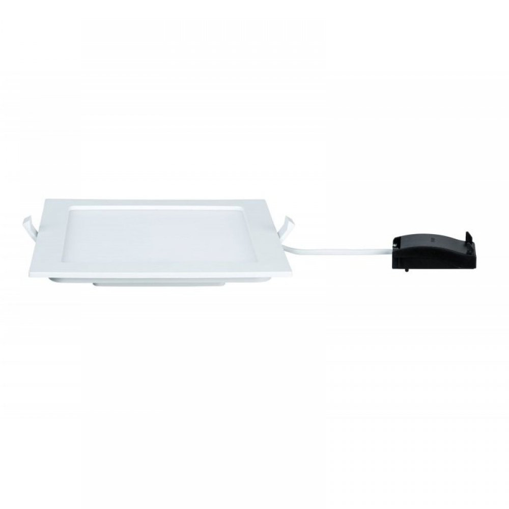 Una luce a pannello LED quadrata bianca con un connettore nero.