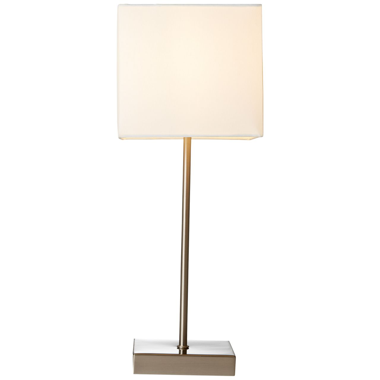 Ein moderner Tisch mit rechteckigem Lampenschirm, Messingstab und Basis.