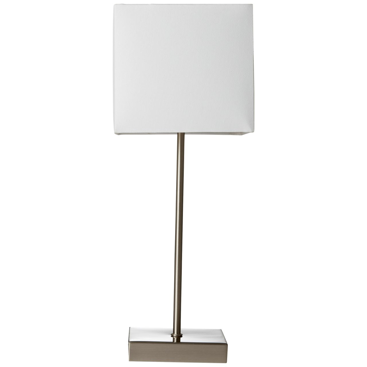 Eine moderne Stehlampe mit rechteckigem weißen Lampenschirm und Metallfuß.