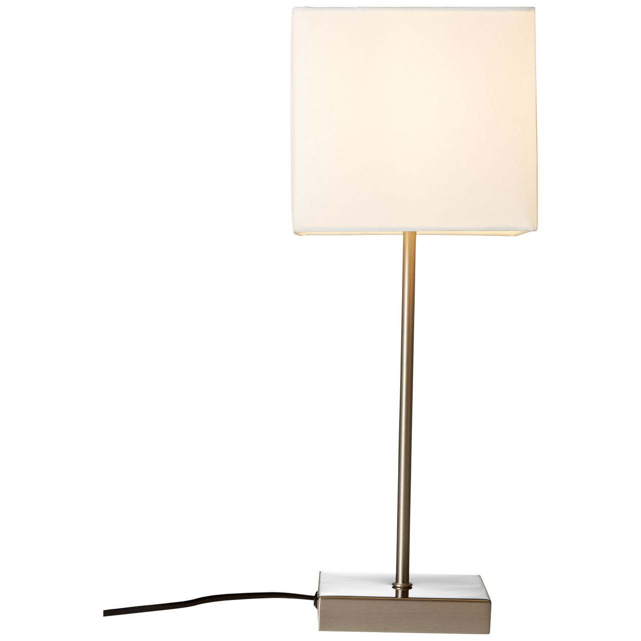 Eine moderne Tischlampe mit rechteckigem, weißem Schirm und schlankem Metallfuß.
