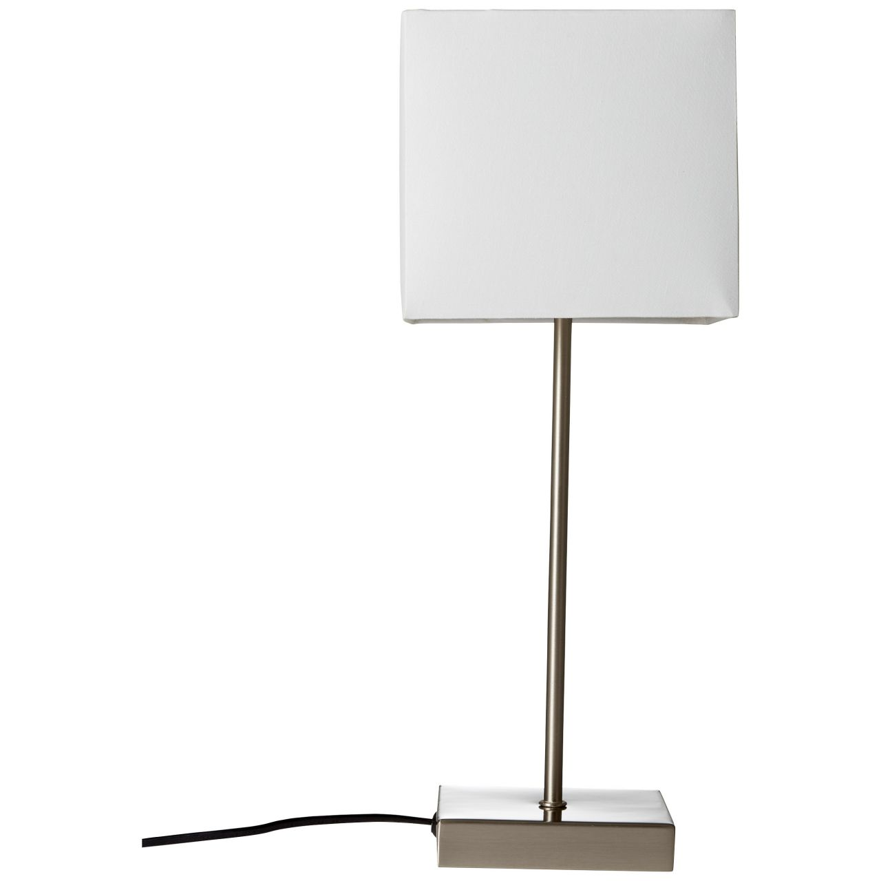 Eine moderne Tischlampe mit einem weißen rechteckigen Schirm und einem schlanken Metallsockel.