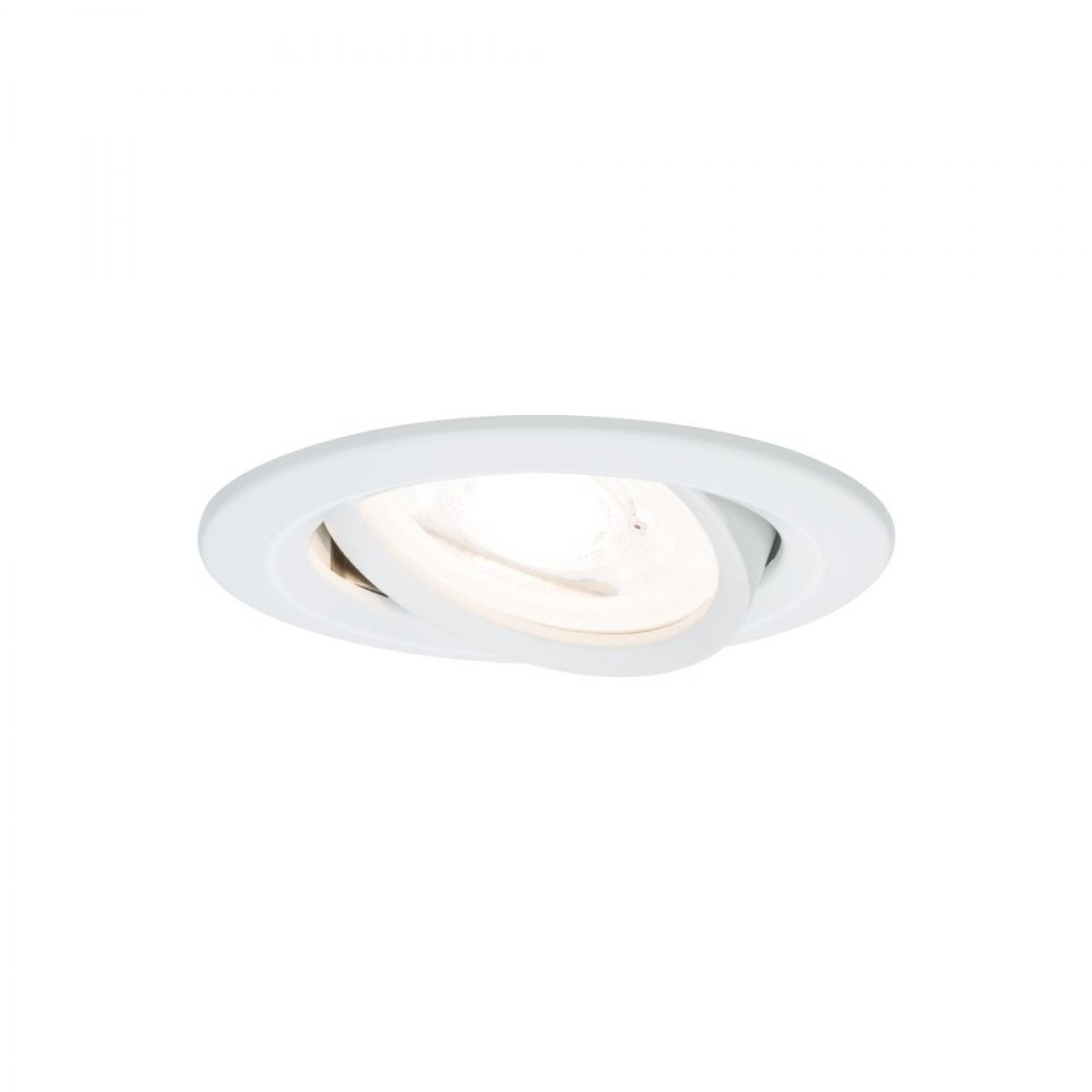 Luminaire encastré blanc. Réglable, avec une source lumineuse. Vue en angle, fond blanc.
