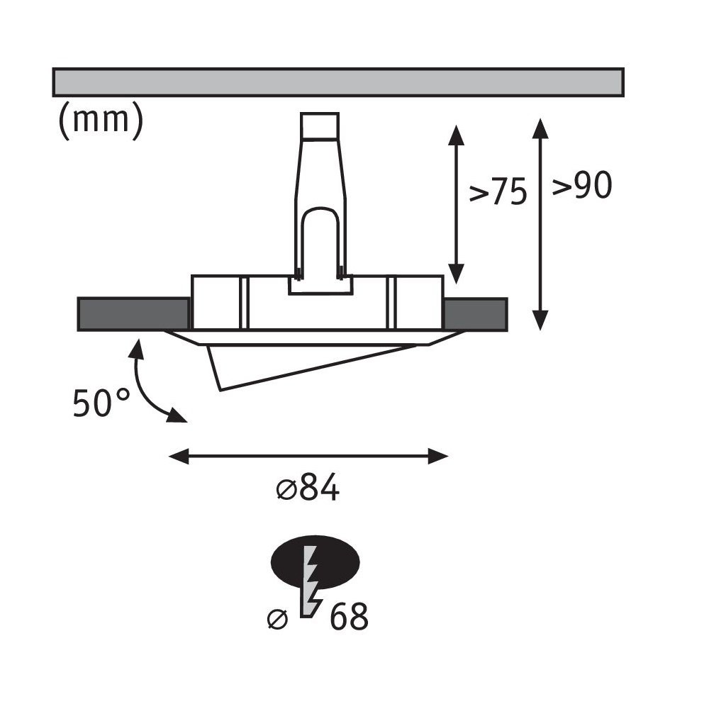 Dessin technique d'un spot encastré. Dimensions et angles sont en millimètres.