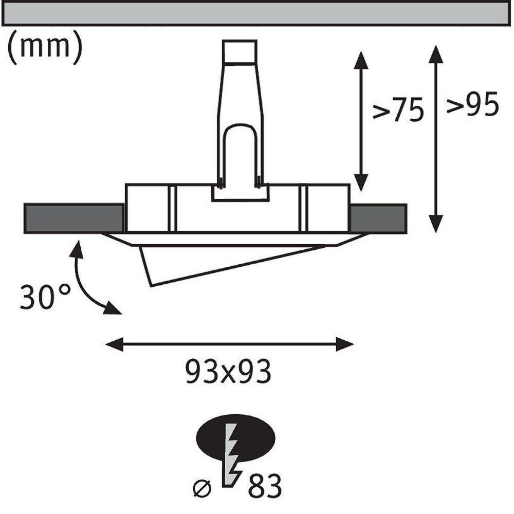 Disegno tecnico che mostra un apparecchio di illuminazione a soffitto a incasso con dimensioni in mm.