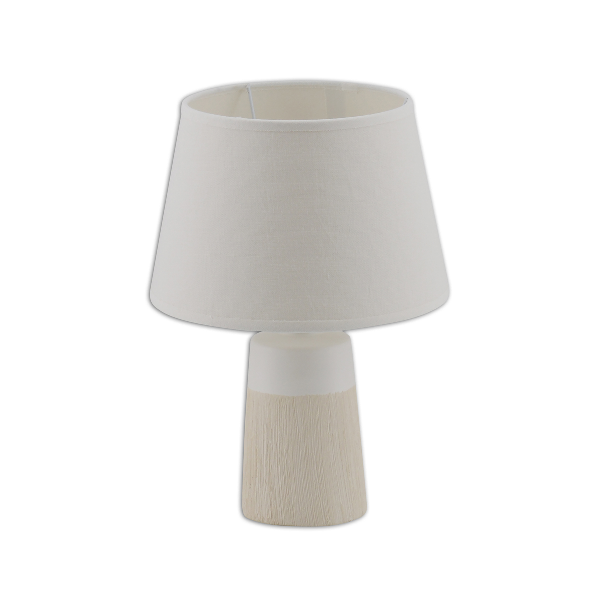 Lampe couleur crème sur fond blanc, avec abat-jour blanc.