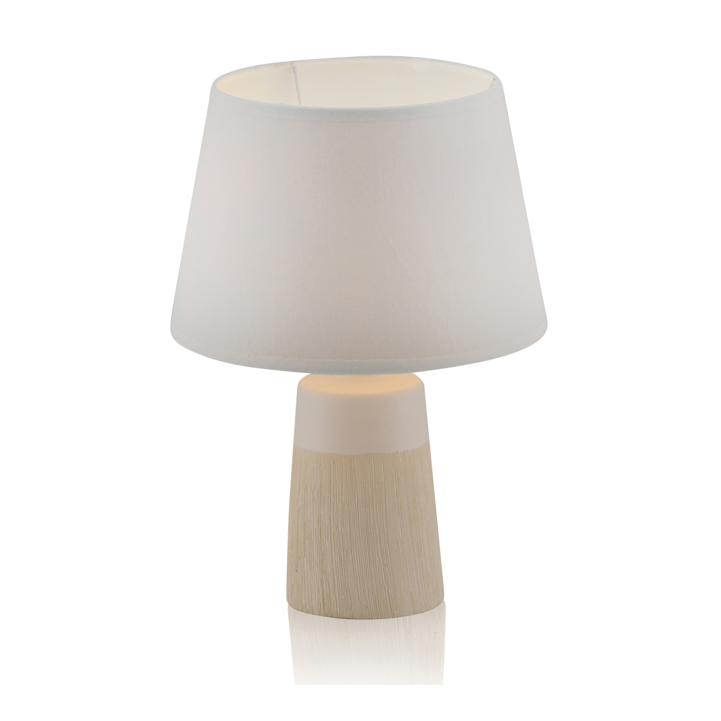 Petite lampe de table blanche avec une base en bois beige et un abat-jour blanc.