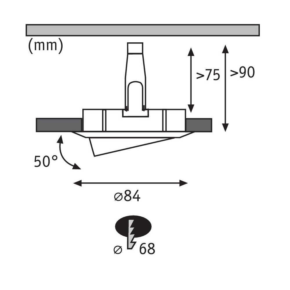 Diagramm einer Einbauleuchte mit Abmessungen und Installationsdetails, mit einem 50-Grad-Winkel.