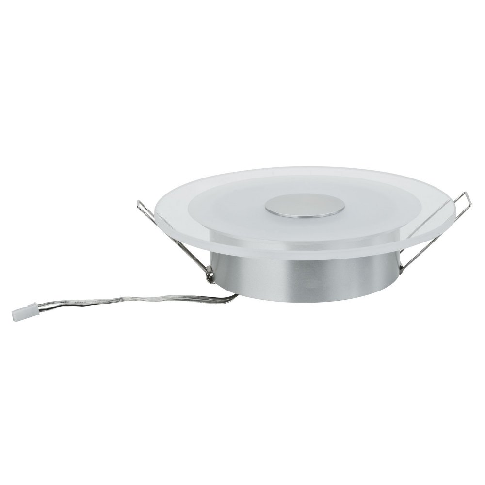 Luminaire de plafond rond encastré avec une base argentée et un couvercle en verre dépoli.