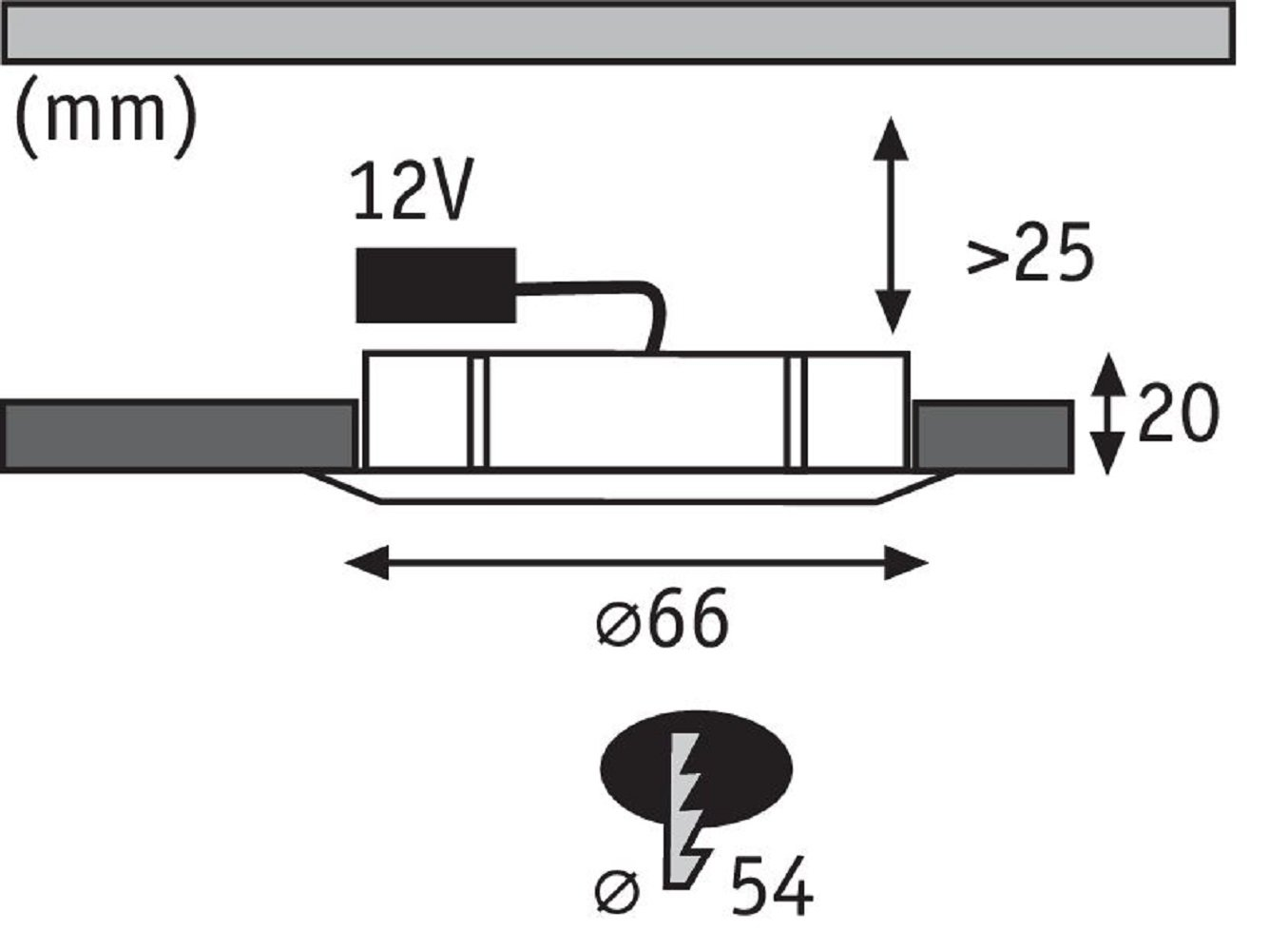 Diagramm mit Maßen: 12V Leistung, 20mm Höhe, 66mm Breite und ein Blitzsymbol.