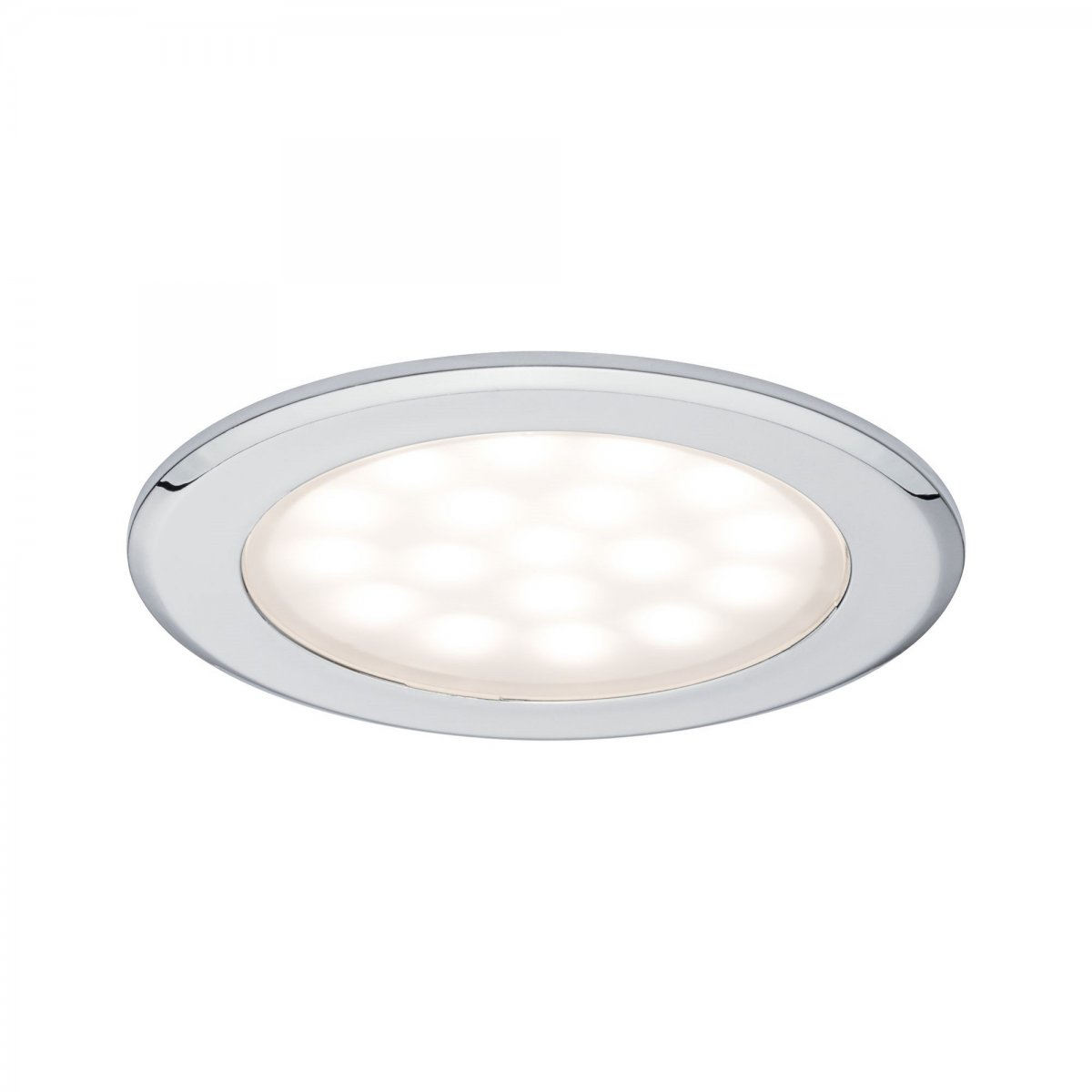Un faretto da soffitto rotondo argentato con più luci piccole, rivolte verso il basso.