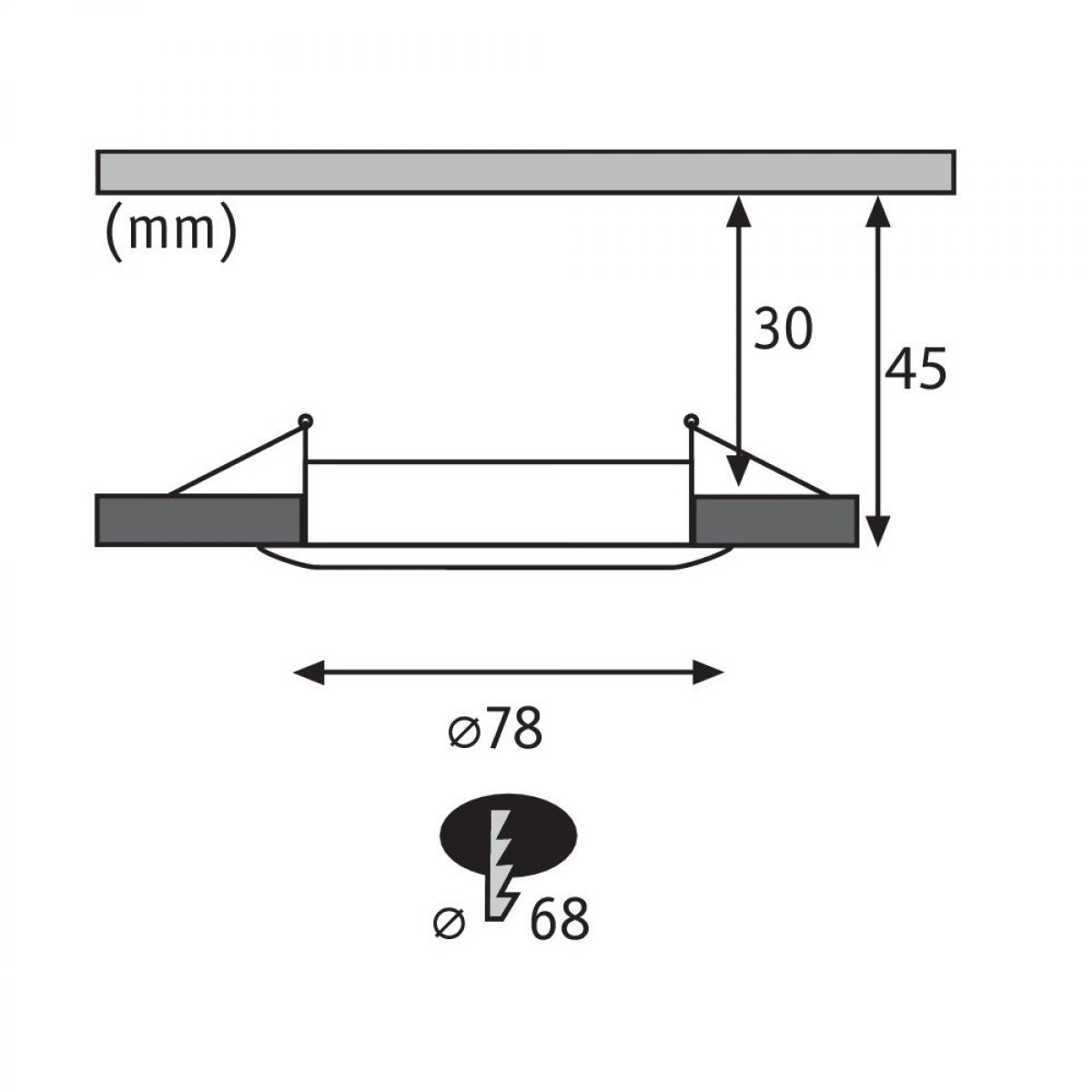 Diagramma di una luce a incasso circolare con misure.