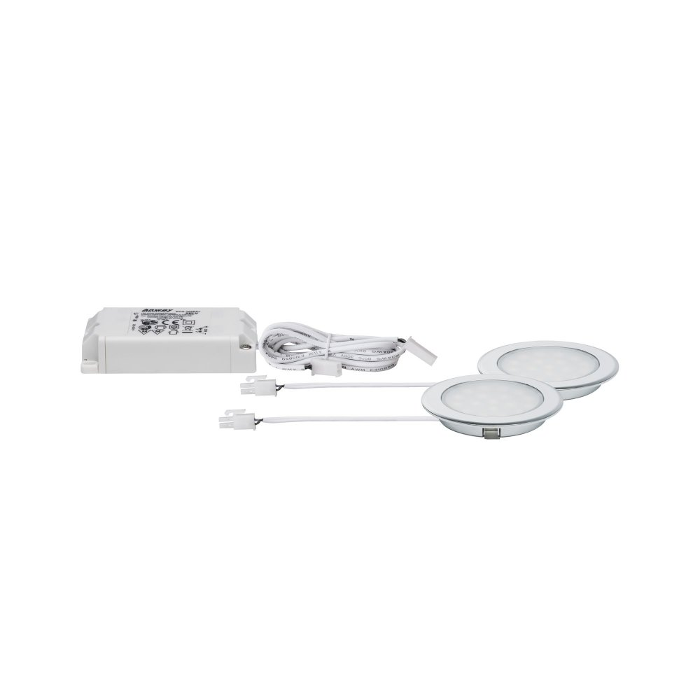 Un set di due luci LED e un alimentatore bianco, con cavi bianchi su sfondo bianco.