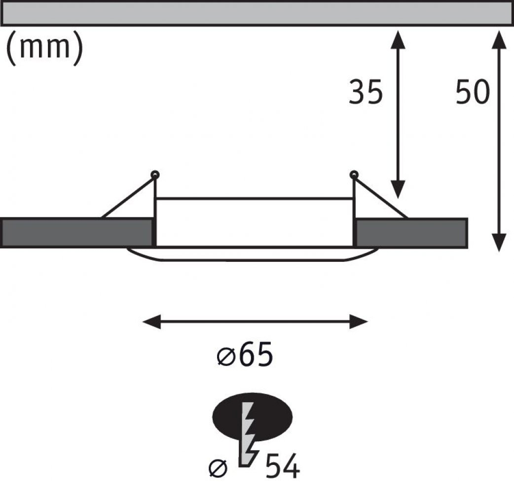 Diagramma di un apparecchio per illuminazione a soffitto con dimensioni. Simbolo di lampadina.