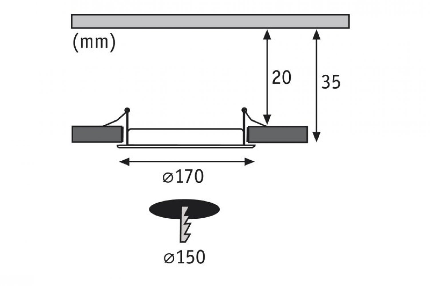 Diagramm einer Einbauleuchte. Es hat Abmessungen und ist eine Draufsicht. Die Leuchte ist weiß.