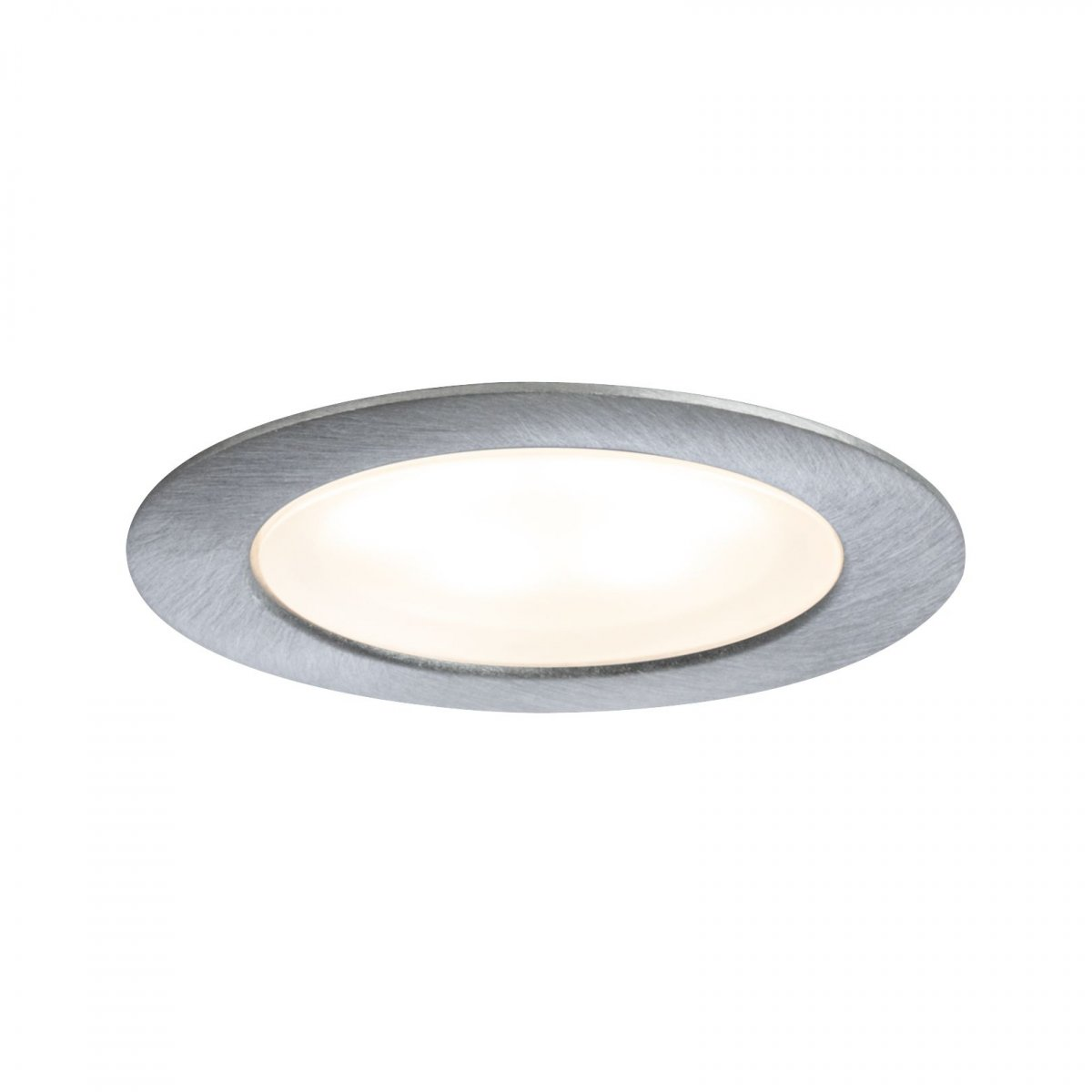 Apparecchio di illuminazione a incasso ovale; cornice argentata, luce bianca, sfondo bianco.