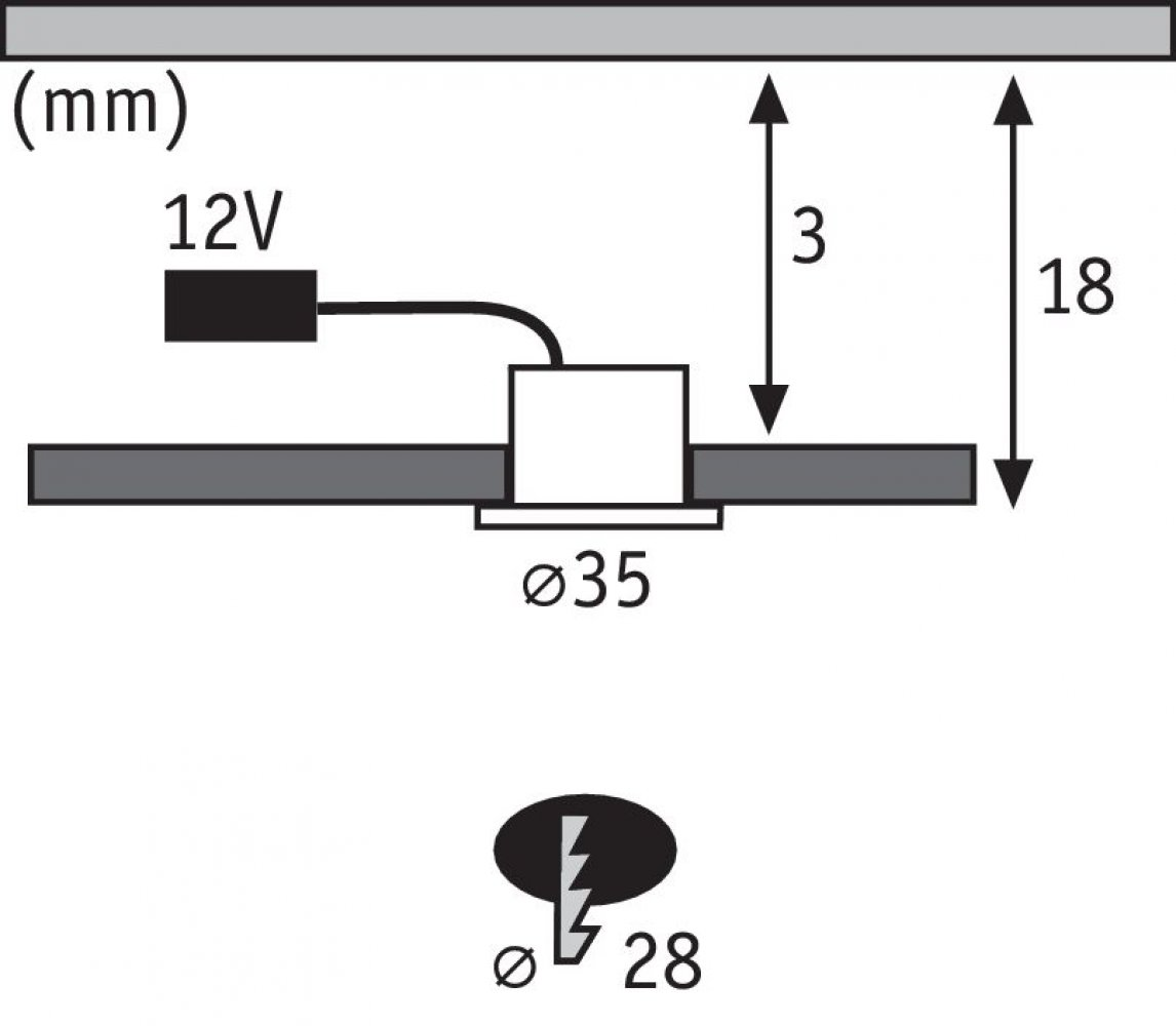Disegno tecnico che mostra un piccolo apparecchio di illuminazione e componenti elettrici.