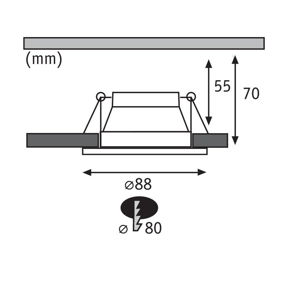 Diagramm der Abmessungen einer Einbauleuchte, Maße in Millimetern.