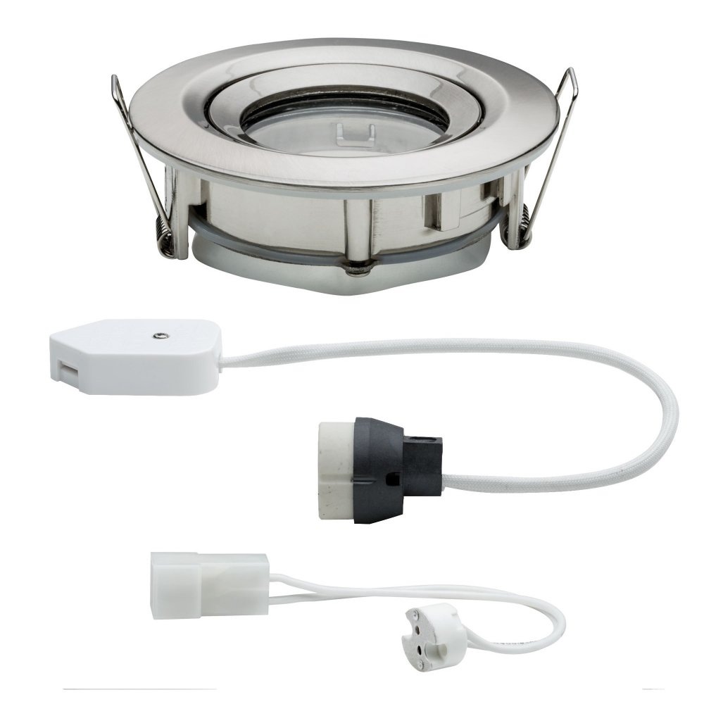 Komponenten der Einbauleuchte: ein Metallgehäuse, ein Stecker und ein Kabel mit Stecker.