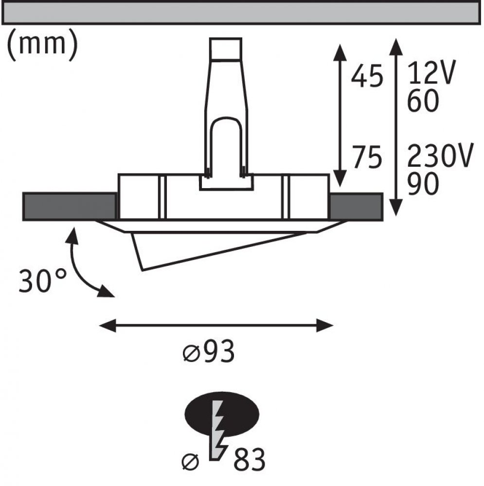 Diagramm einer Deckenleuchte mit Abmessungen und Spannungsinformationen.