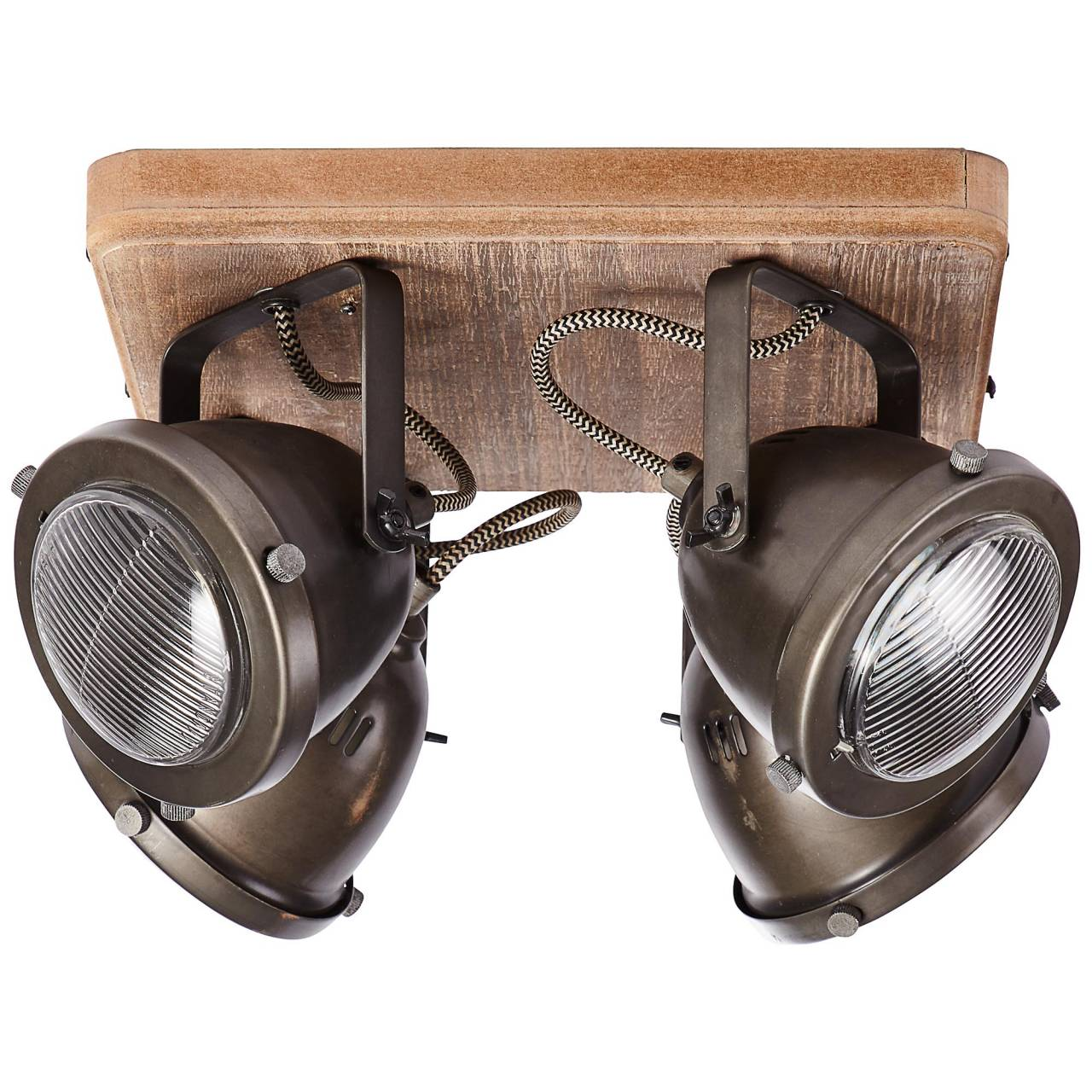Zwei antike braune Spotlights mit Holzsockel und geflochtenen Kabeln.
