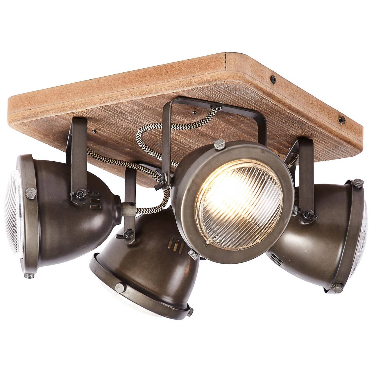 Deckenleuchte mit Holzbasis und vier gerichteten Lampen in Bronzefarbe.