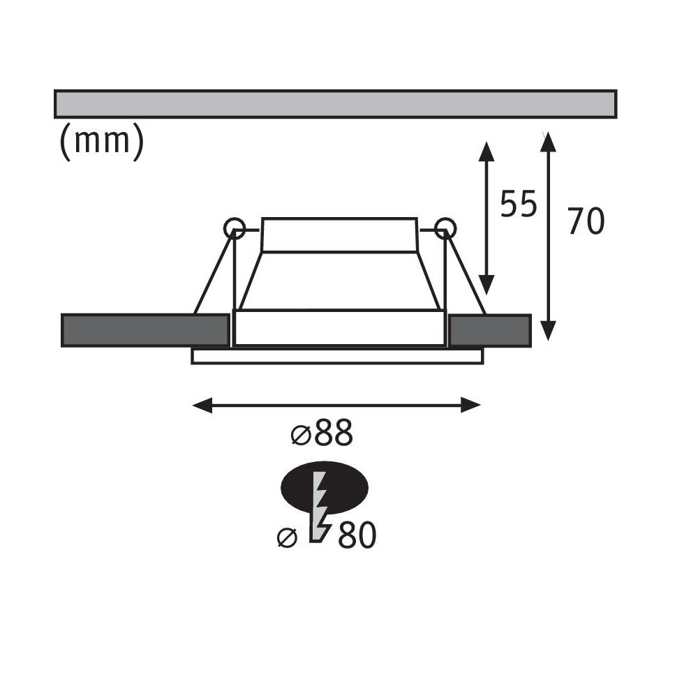 Schema di un apparecchio di illuminazione a incasso. Ha dimensioni. L'apparecchio è bianco, con dettagli neri.
