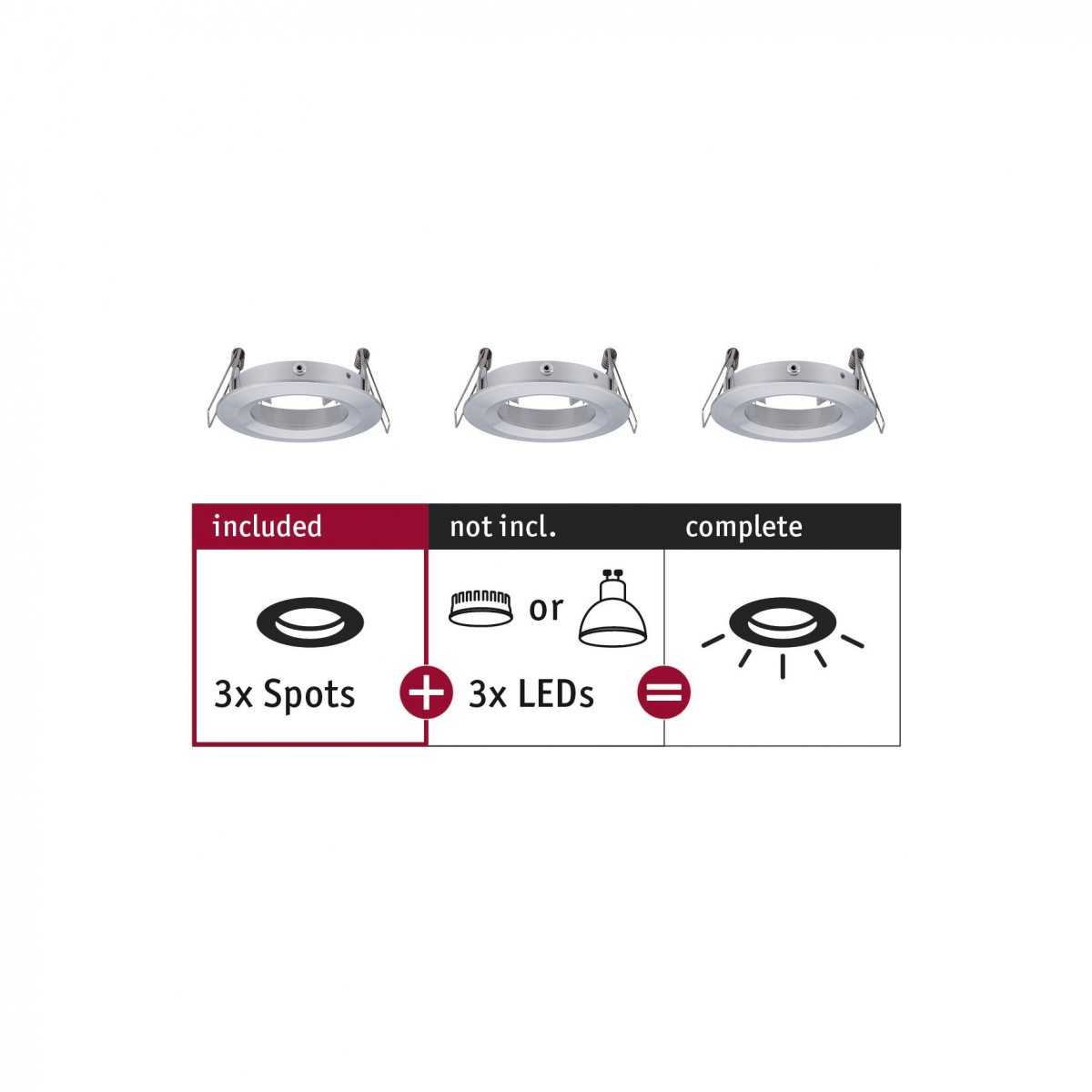 Tre faretti ad incasso argentati con diagramma che mostra spot e LED inclusi.
