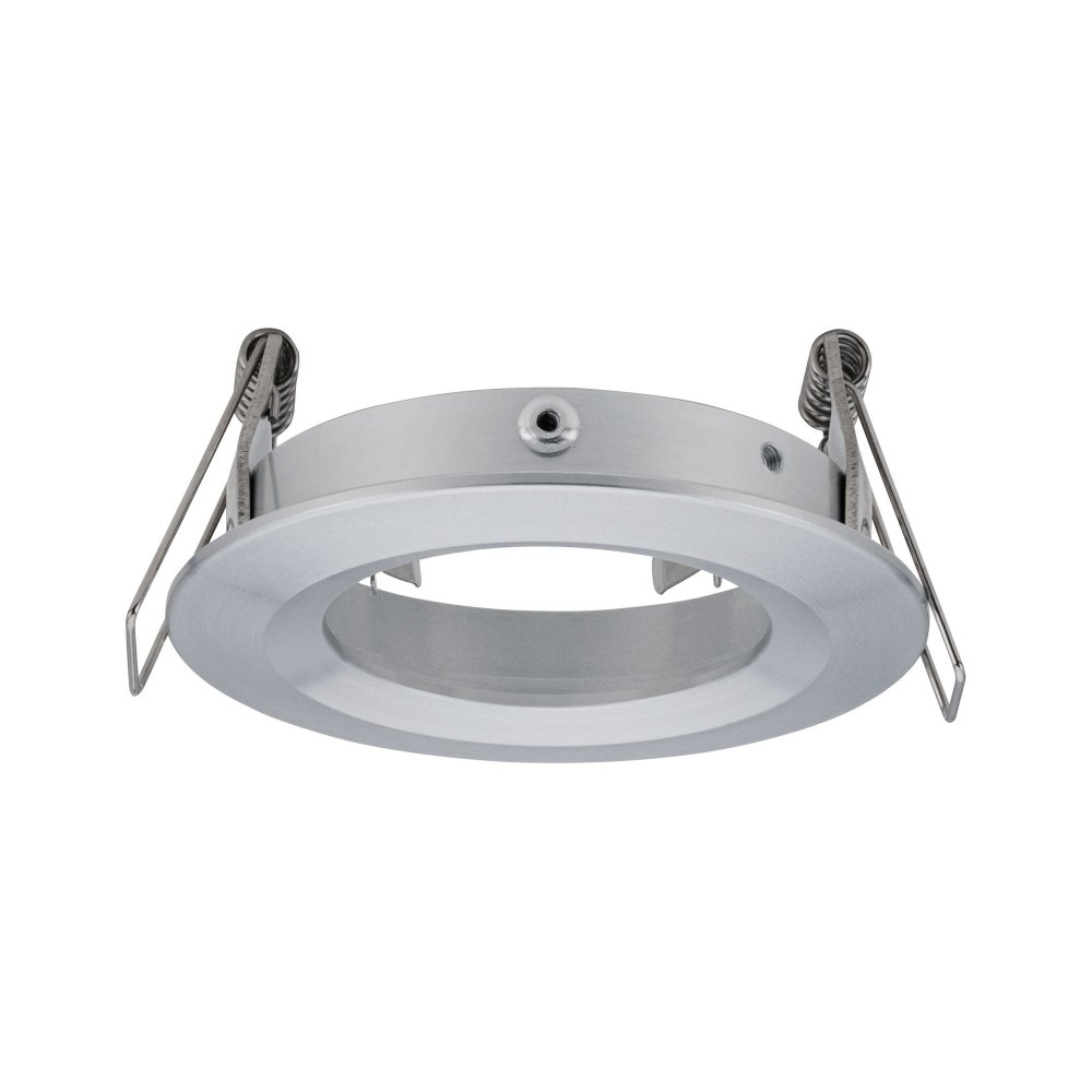 Apparecchio di illuminazione a soffitto argentato con clip a molla. Ha un design circolare.