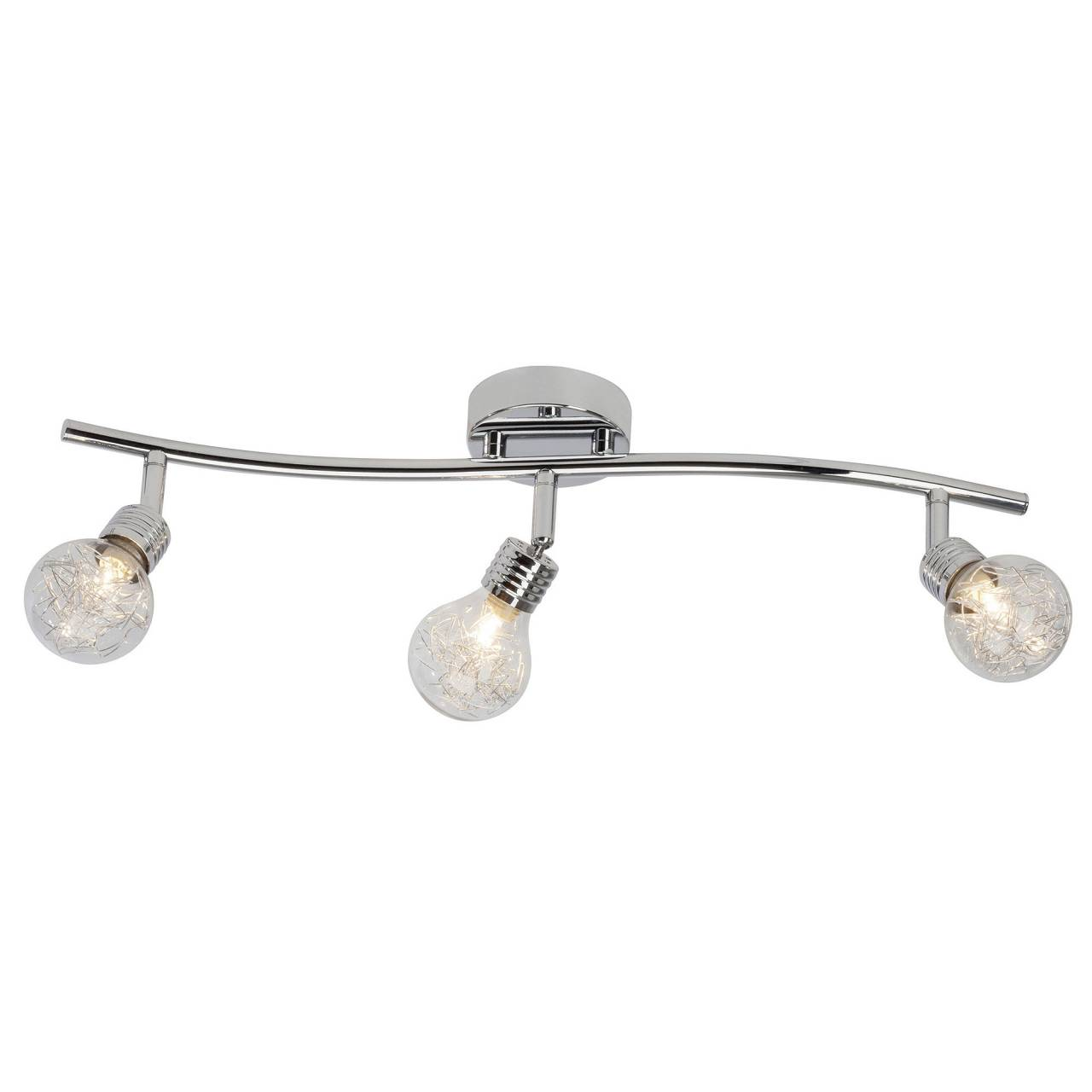 Chrom-Deckenleuchte mit drei Glühbirnen auf einer gebogenen Stange.