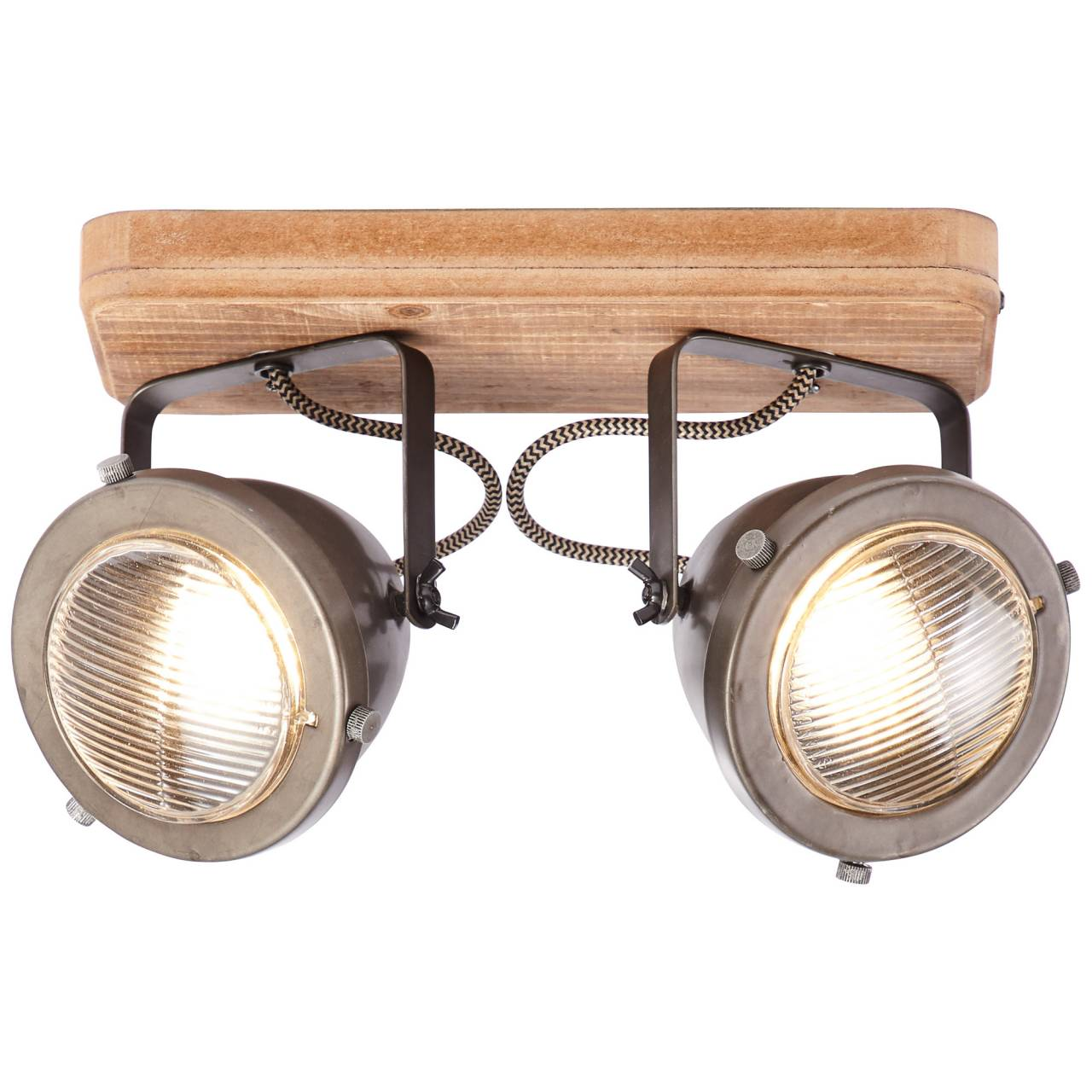 Deckenleuchte mit Holzsockel und zwei gerichteten Lampen.