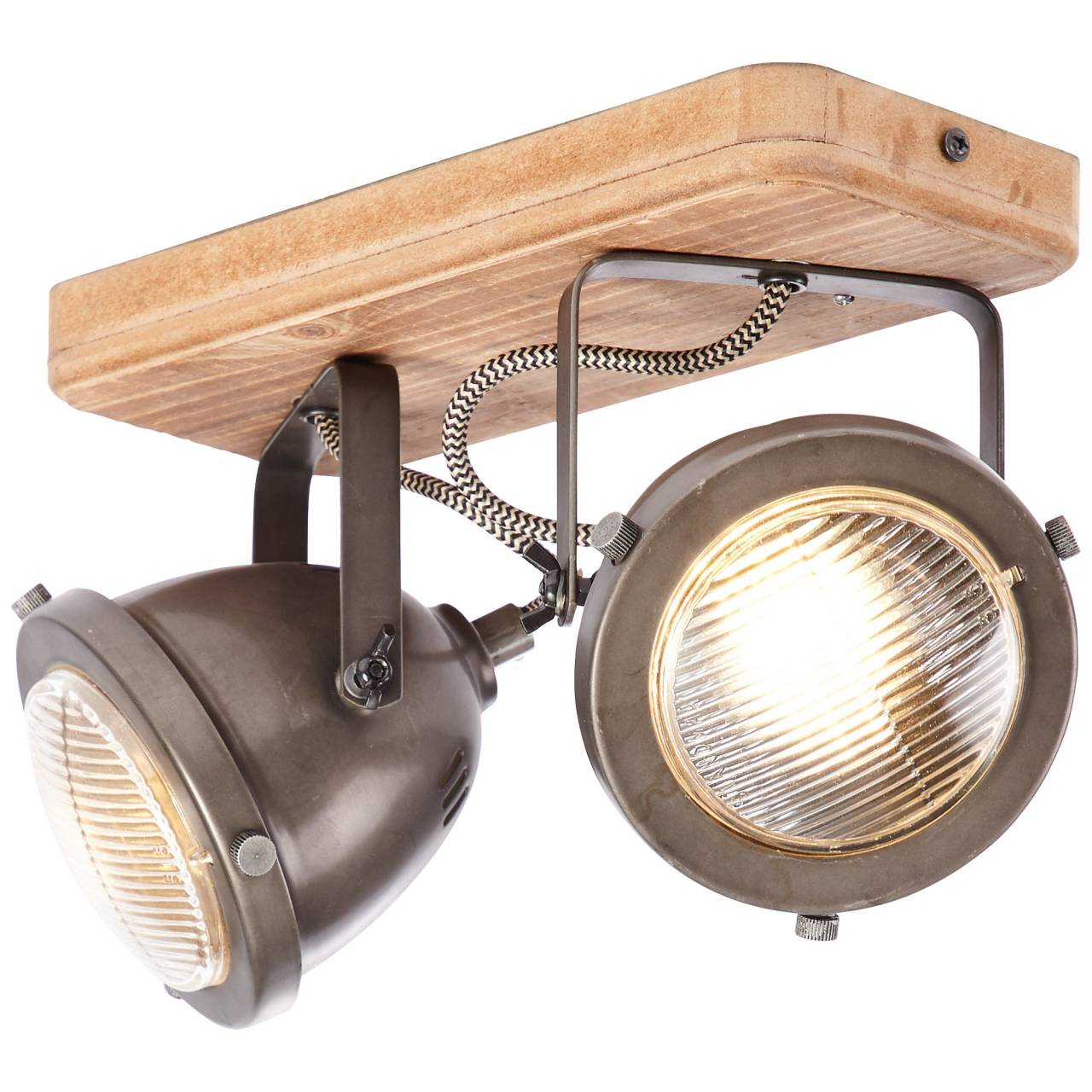 Eine Holzplatte mit zwei industriellen Metallstrahlern, die nach unten zeigen.