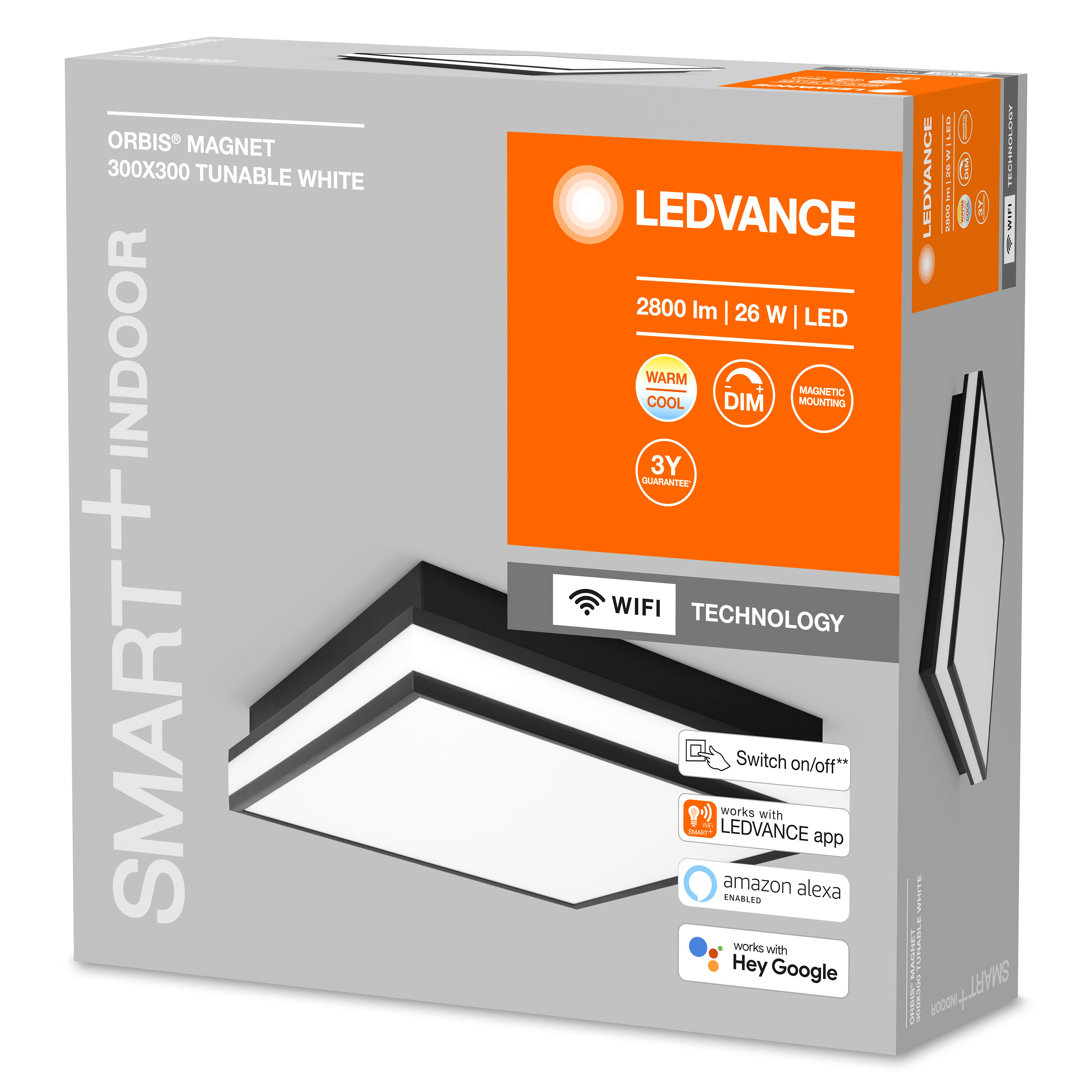 Eine weiße und orangefarbene Box mit dem LEDVANCE-Logo. Sie zeigt Produktinformationen.