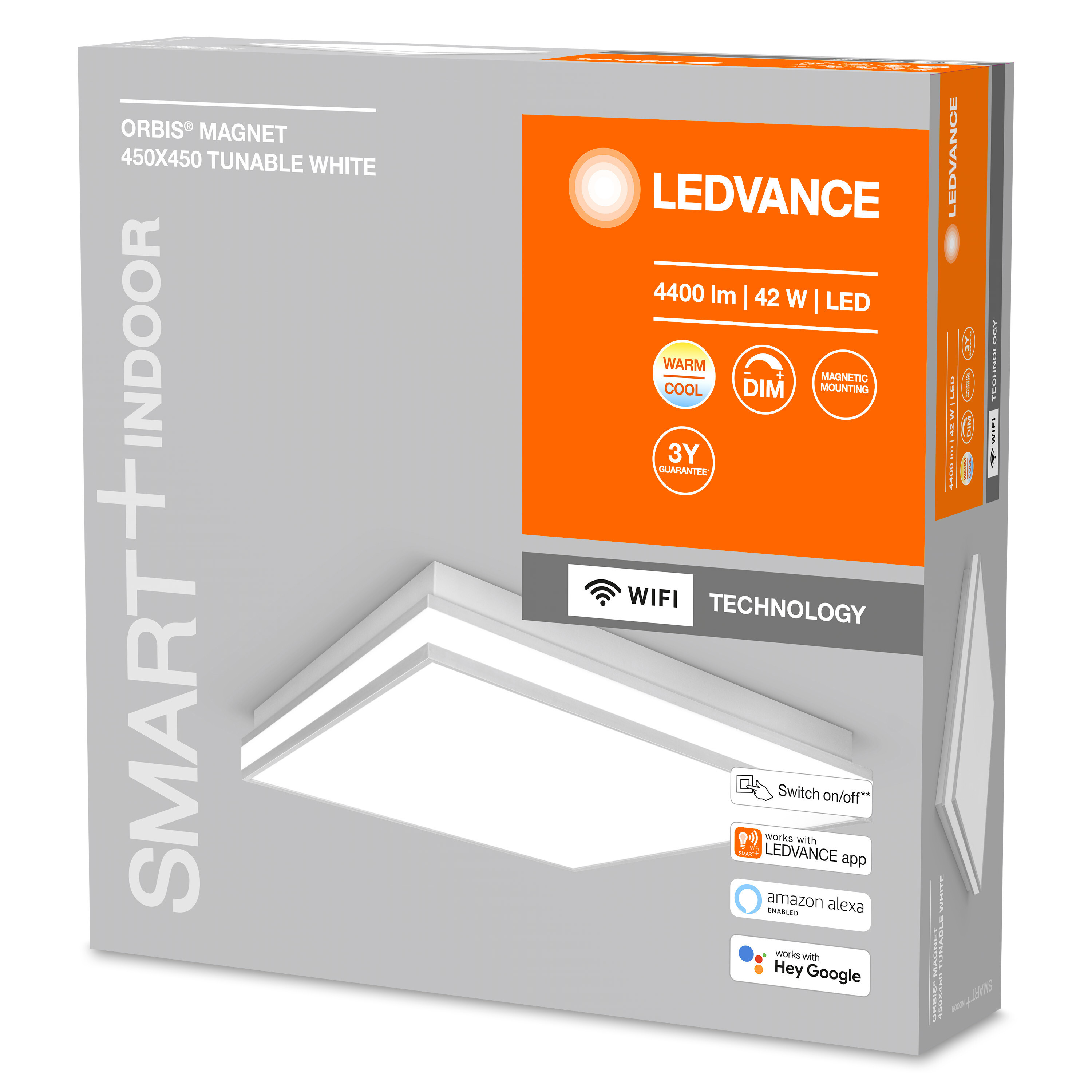 Weiße LEDVANCE Lichtbox-Verpackung mit Produktdetails und Funktionen.