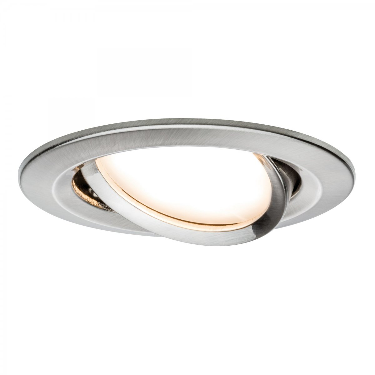 Luce argentata circolare con luce centrale e anello sovrapposto, isolata su bianco.