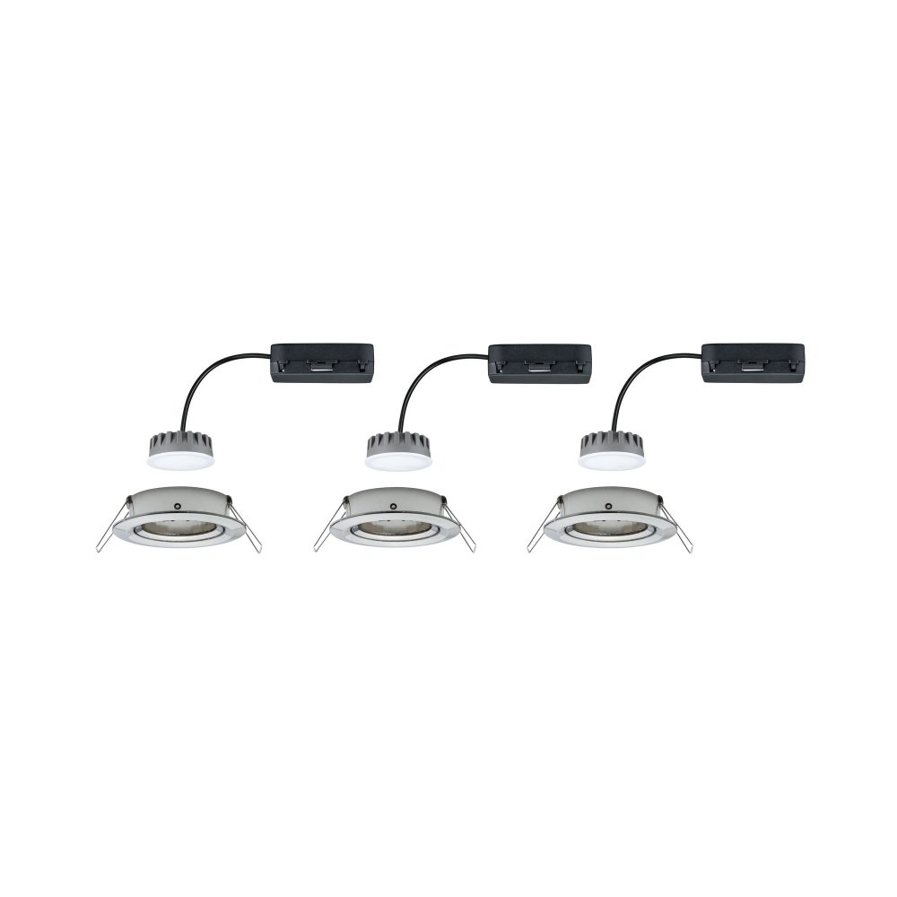 Tre faretti da incasso a soffitto con design circolare ed elementi di montaggio visibili, su sfondo bianco.