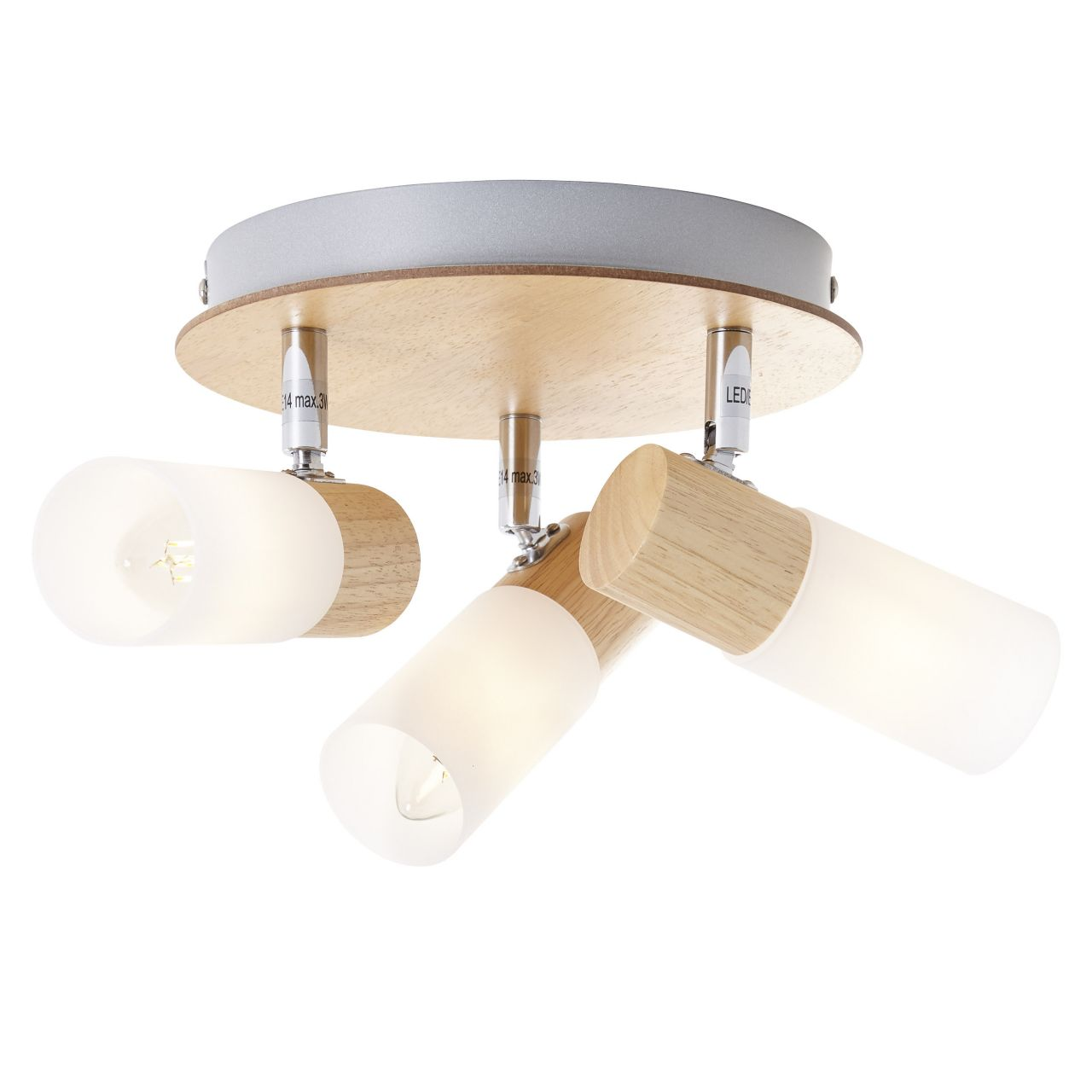 Deckenleuchte mit Holzdetails und Milchglaszylindern.