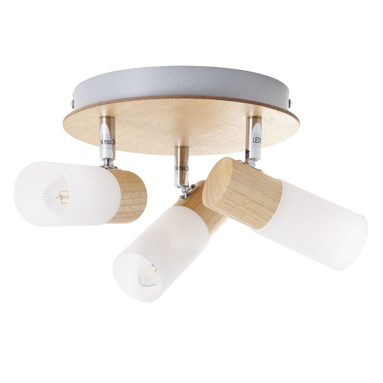 Deckenleuchte mit Holz und Milchglaszylindern, drei Spots.