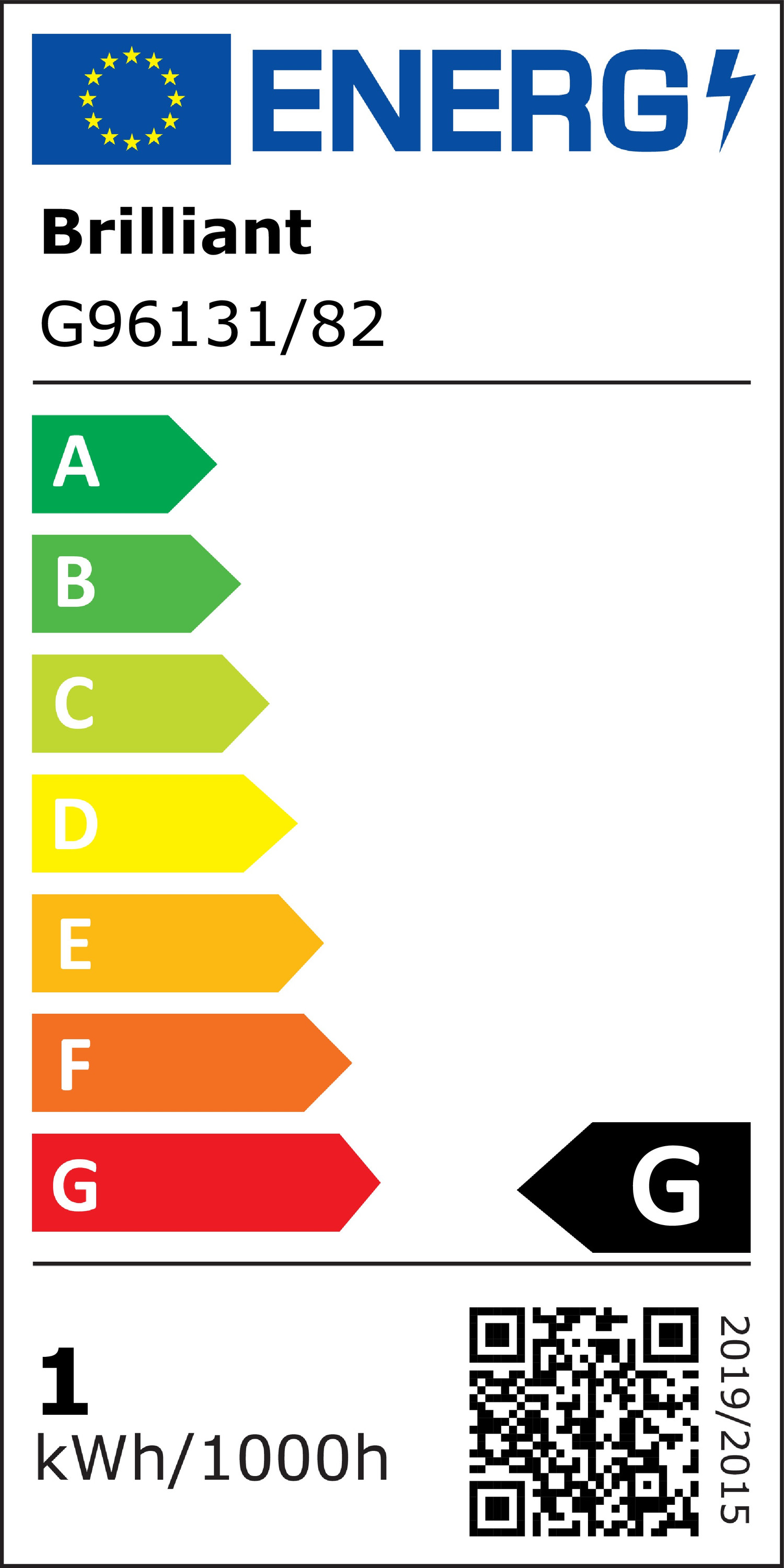 Etichetta energetica che mostra le classificazioni di efficienza energetica da A a G, con un codice QR e una bandiera europea.