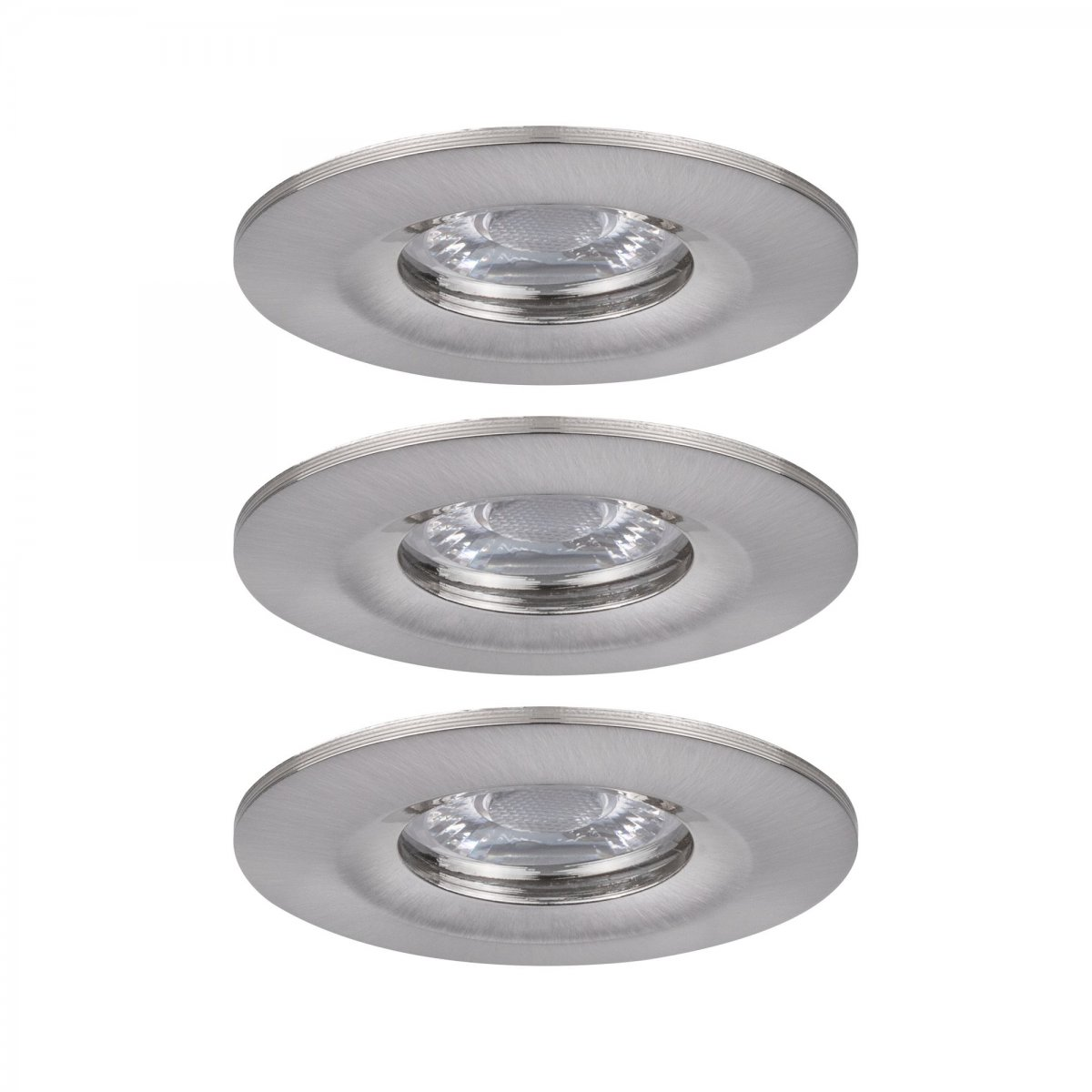 Drei Einbauleuchten mit gebürsteter Metalloberfläche. Weißer Hintergrund.