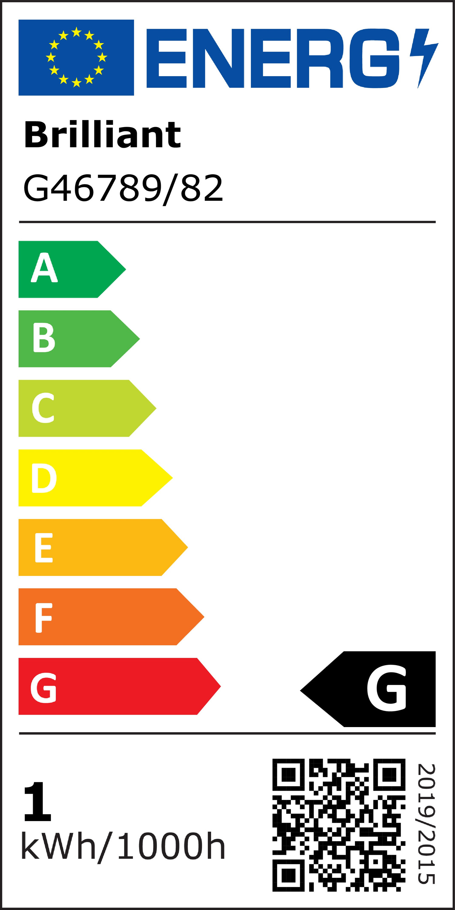 Energielabel mit Brilliant G46789/82, Klasse A bis G, 1 kWh/1000h.
