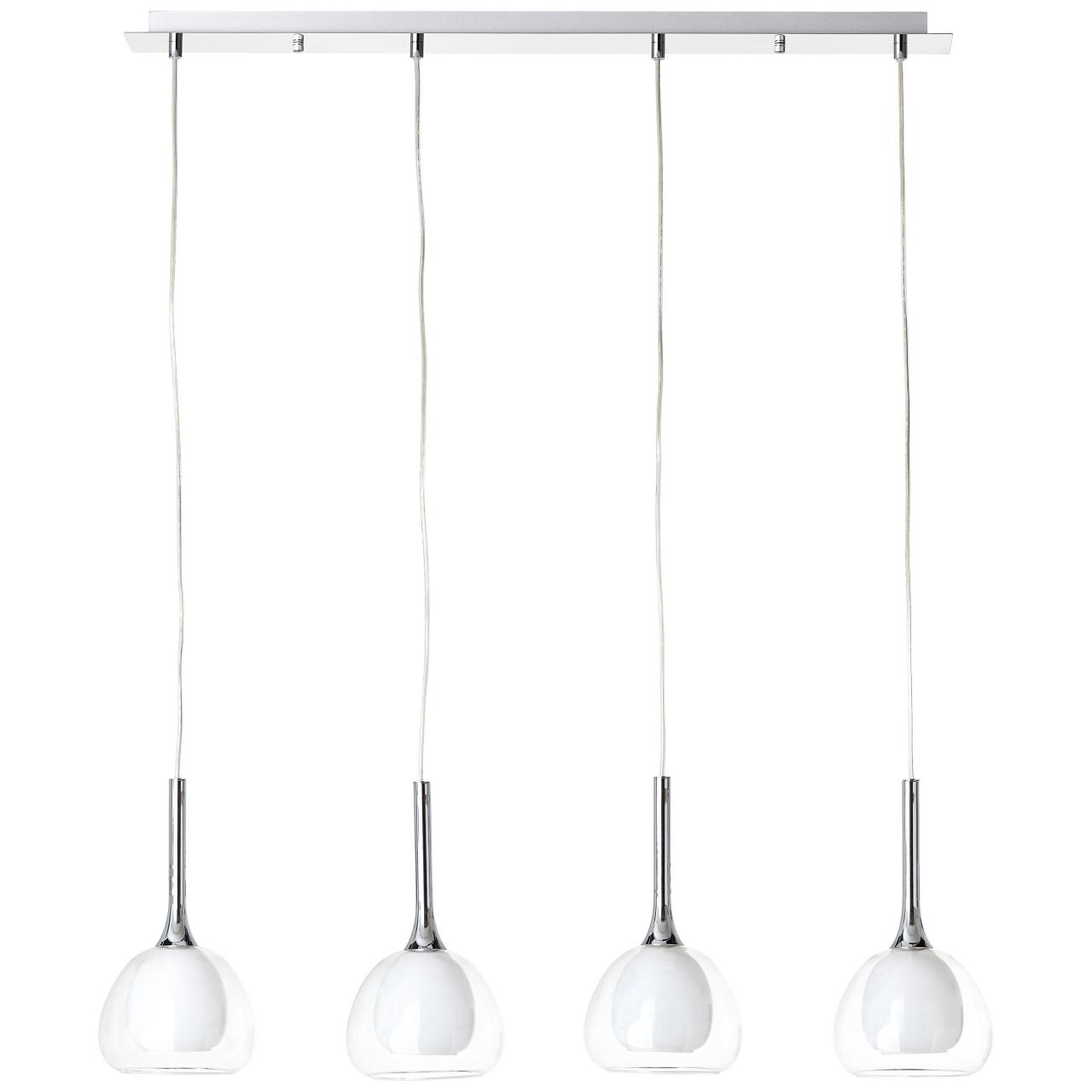 Vier moderne Pendelleuchten mit weißem Glas und Chromdetails hängen von einer silbernen Schiene.