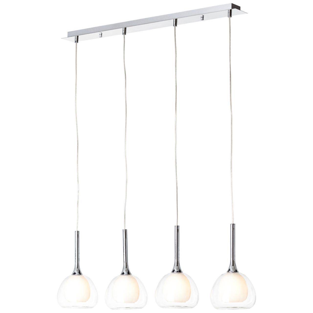 Vier hängende Lampen mit silbernen Stangen und Glaskugeln.