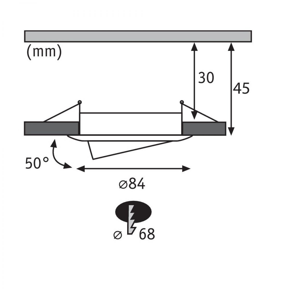 Ein Diagramm zeigt Abmessungen für eine Leuchte, einschließlich Durchmesser, Höhe und Winkel.