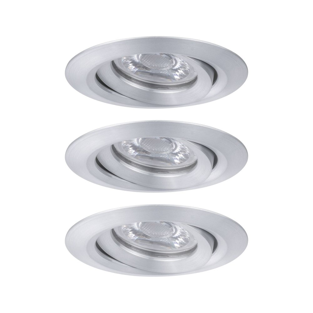 Tre faretti a incasso, finitura argento, design circolare, sfondo bianco.