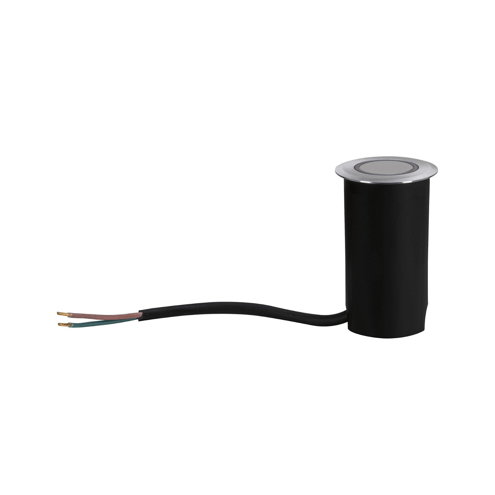 Czarna cylindryczna oprawa oświetleniowa zewnętrzna z wystającymi przewodami, na białym tle.