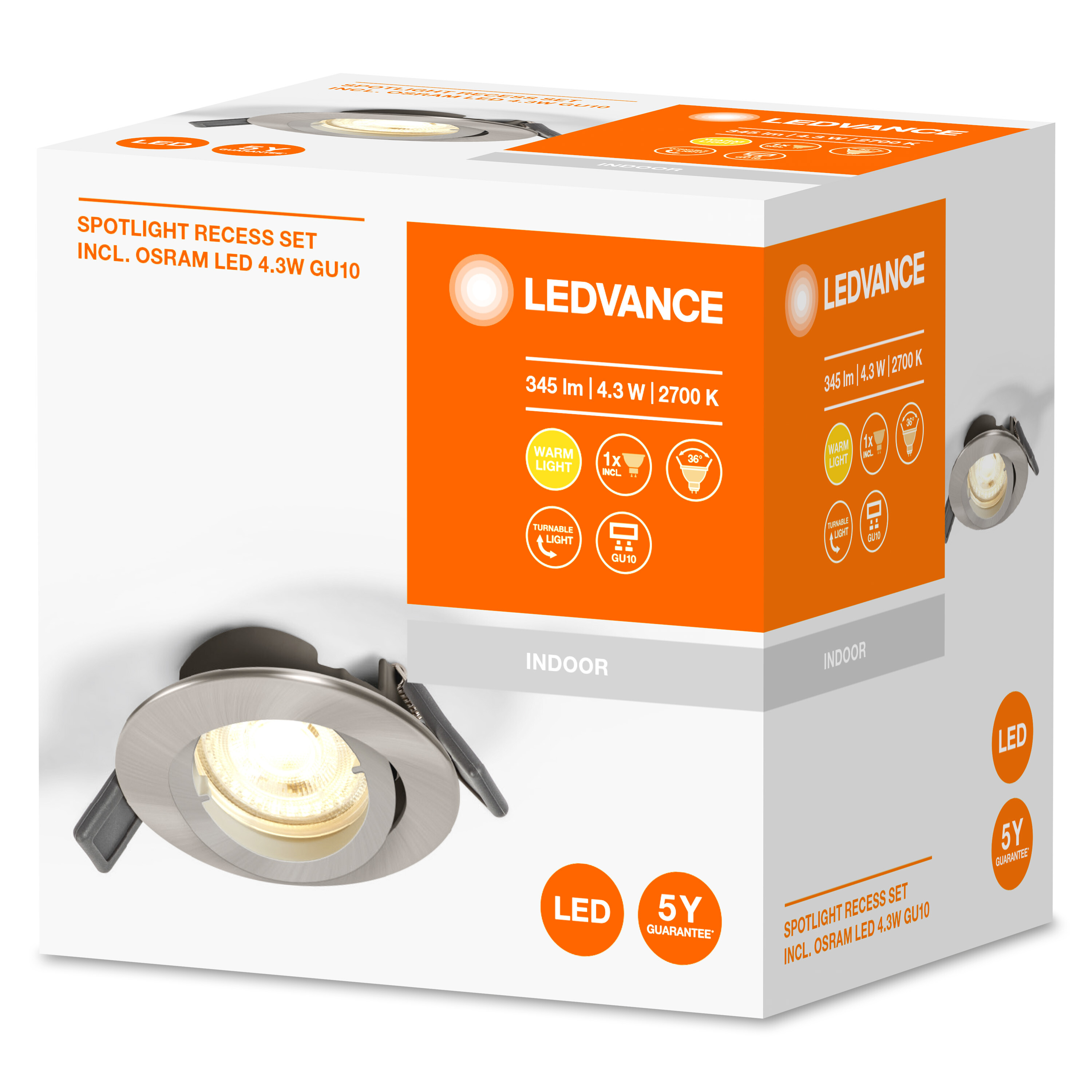 Verpacktes Spotlicht-Einbauset mit LED und GU10-Lampe, mit Details der Lampe.