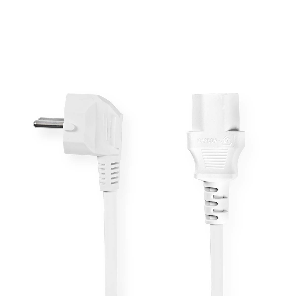 Cavo di alimentazione bianco con spina e connettore IEC su sfondo bianco.