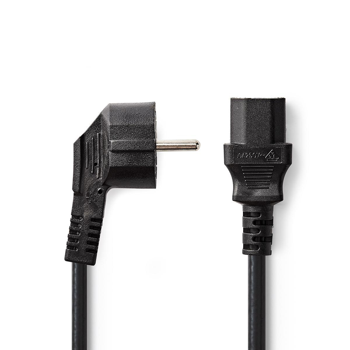 Cable de alimentación negro con enchufe en ángulo recto. Fondo blanco.